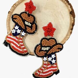 Western USA Patriot Cowboy Hat & Boot Seed Beaded Post Fashion Earrings New